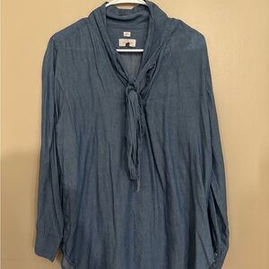 LOFT Dusty Blue Tie-Neck Long Sleeve Blouse